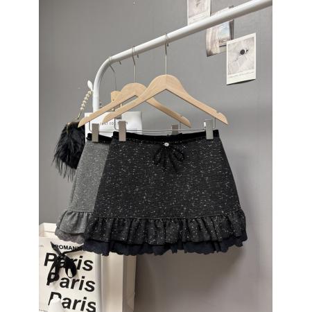 FA49776# 秋冬新款法式小香风蝴蝶结钉珠闪闪毛呢半身裙荷叶边短裙 服裝批發女裝批發服飾貨源