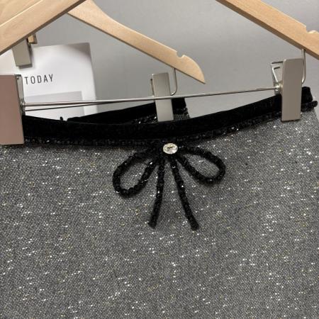 FA49776# 秋冬新款法式小香风蝴蝶结钉珠闪闪毛呢半身裙荷叶边短裙 服裝批發女裝批發服飾貨源