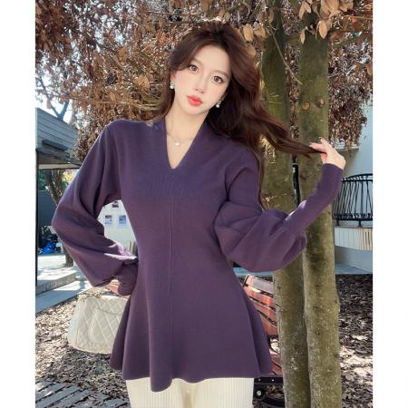 FA49777# 法式温柔气质v领灯笼袖毛衣针织衫女独特绝美紫色慵懒风上衣秋冬 服裝批發女裝批發服飾貨源