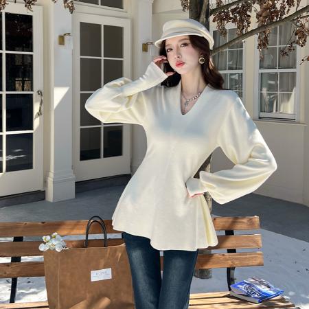 FA49777# 法式温柔气质v领灯笼袖毛衣针织衫女独特绝美紫色慵懒风上衣秋冬 服裝批發女裝批發服飾貨源