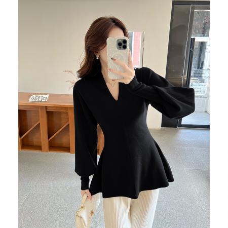 FA49777# 法式温柔气质v领灯笼袖毛衣针织衫女独特绝美紫色慵懒风上衣秋冬 服裝批發女裝批發服飾貨源