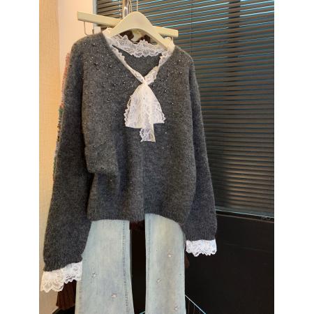 FA49779# 韩系风蕾丝边系带蝴蝶结重工毛衣女秋冬设计感时尚针织衫 服裝批發女裝批發服飾貨源