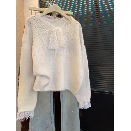 FA49779# 韩系风蕾丝边系带蝴蝶结重工毛衣女秋冬设计感时尚针织衫 服裝批發女裝批發服飾貨源
