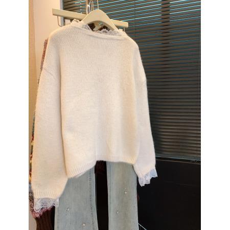 FA49779# 韩系风蕾丝边系带蝴蝶结重工毛衣女秋冬设计感时尚针织衫 服裝批發女裝批發服飾貨源