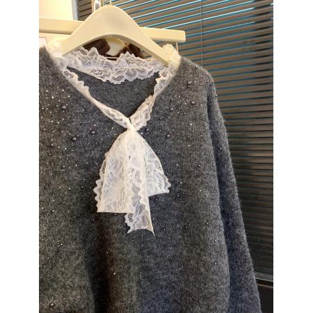 FA49779# 韩系风蕾丝边系带蝴蝶结重工毛衣女秋冬设计感时尚针织衫 服裝批發女裝批發服飾貨源