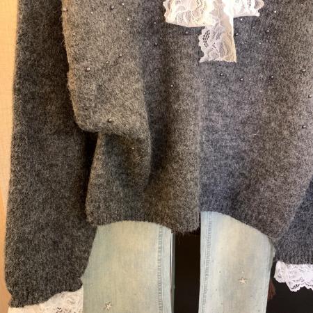 FA49779# 韩系风蕾丝边系带蝴蝶结重工毛衣女秋冬设计感时尚针织衫 服裝批發女裝批發服飾貨源