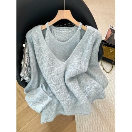 FA49781# 气质慵懒风软糯套头百搭钩花毛衣针织背心两件套装女秋冬新款 服裝批發女裝批發服飾貨源