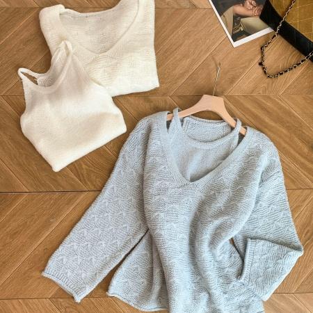 FA49781# 气质慵懒风软糯套头百搭钩花毛衣针织背心两件套装女秋冬新款 服裝批發女裝批發服飾貨源