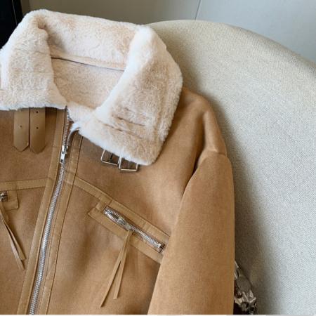 FA49783# 立领夹克冬新款宽松保暖皮毛一体加厚机车服外套 服裝批發女裝批發服飾貨源