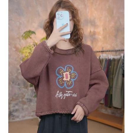 FA49784# 冬季圆领加绒长袖印花卫衣加厚时尚宽松ins风上衣 服裝批發女裝批發服飾貨源