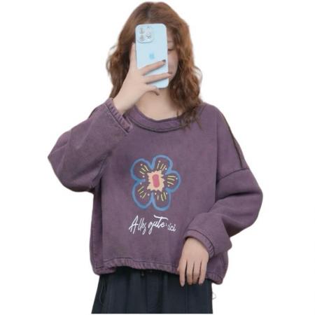 FA49784# 冬季圆领加绒长袖印花卫衣加厚时尚宽松ins风上衣 服裝批發女裝批發服飾貨源