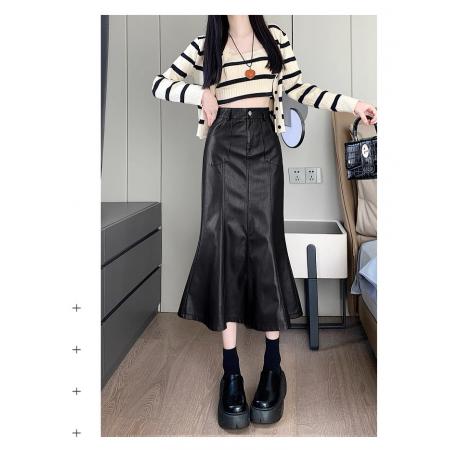 FA49786# 复古黑色半身皮裙女秋新款高腰显瘦A字裙垂坠感包臀鱼尾中长裙子 服裝批發女裝批發服飾貨源