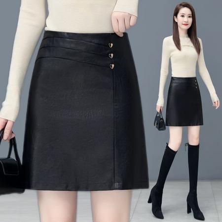 FA49789# 时尚小皮裙女秋冬季新款高腰显瘦a字半身裙百搭pu包臀短裙子 服裝批發女裝批發服飾貨源