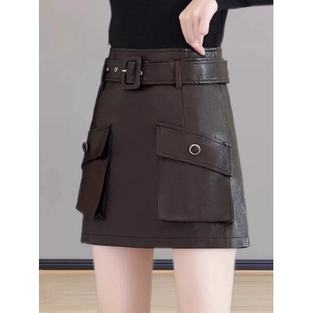 FA49790# 工装pu皮半身裙女春秋新款时尚高腰显瘦休闲a字一步包臀短裙 服裝批發女裝批發服飾貨源