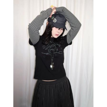 FA49796# 美式复古烫钻条纹假两件长袖T恤女秋季新款修身短款打底衫上衣潮 服裝批發女裝批發服飾貨源