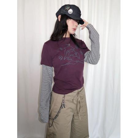 FA49796# 美式复古烫钻条纹假两件长袖T恤女秋季新款修身短款打底衫上衣潮 服裝批發女裝批發服飾貨源