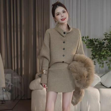 FA49801# 韩系慵懒风高领排扣上衣A字半身短裙两件套女秋冬新款高级感套装 服裝批發女裝批發服飾貨源