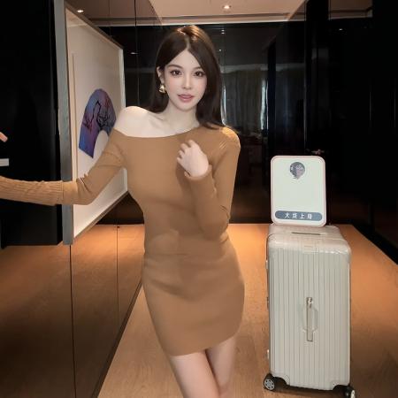 FA49802# 韩系斜肩长袖上衣针织收腰包臀短裙两件套女秋冬季高级感气质套装 服裝批發女裝批發服飾貨源