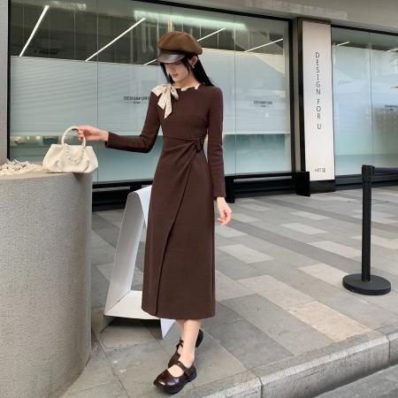 FA49803# 大码女装长袖厚款针织连衣裙打底外穿长裙胖MM收腰显瘦裙子 服裝批發女裝批發服飾貨源