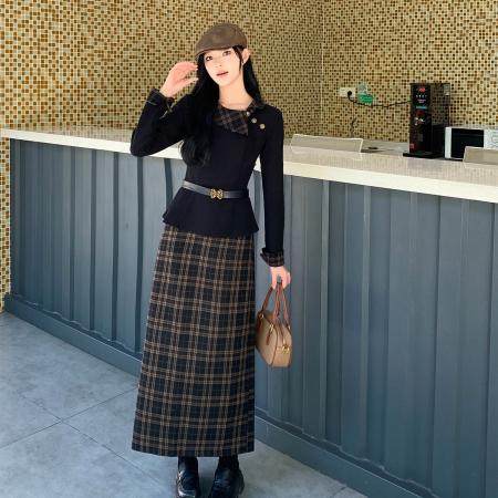 FA49804# 大码女装设计感时尚套装胖MM收腰显瘦法式长袖衬衫半身裙套装 服裝批發女裝批發服飾貨源