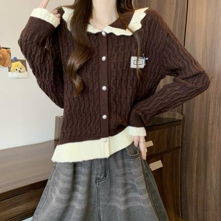 FA49805# 新版韩风设计感撞色木耳边蝴蝶结短款针织开衫 服裝批發女裝批發服飾貨源