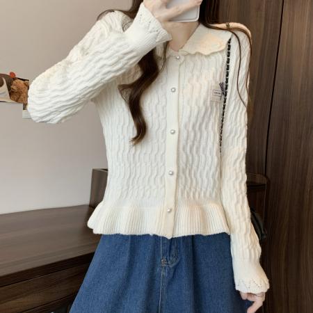 FA49805# 新版韩风设计感撞色木耳边蝴蝶结短款针织开衫 服裝批發女裝批發服飾貨源