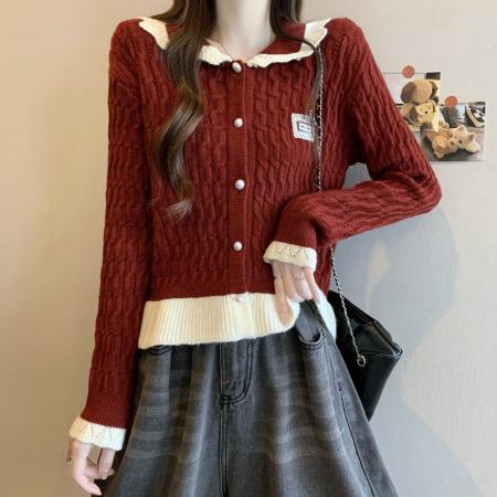 FA49805# 新版韩风设计感撞色木耳边蝴蝶结短款针织开衫 服裝批發女裝批發服飾貨源