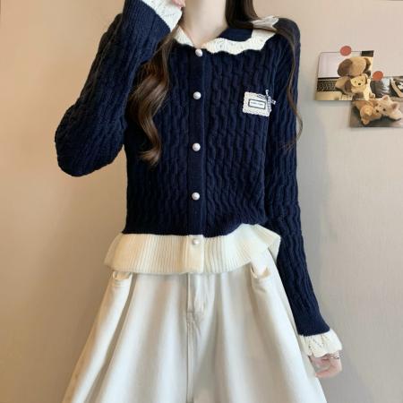 FA49805# 新版韩风设计感撞色木耳边蝴蝶结短款针织开衫 服裝批發女裝批發服飾貨源