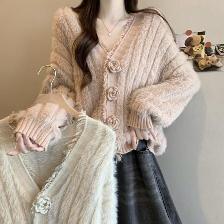 FA49806# 新版韩风设计感防水貂绒V领针织开衫外套 服裝批發女裝批發服飾貨源