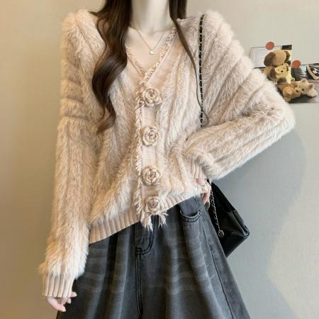 FA49806# 新版韩风设计感防水貂绒V领针织开衫外套 服裝批發女裝批發服飾貨源