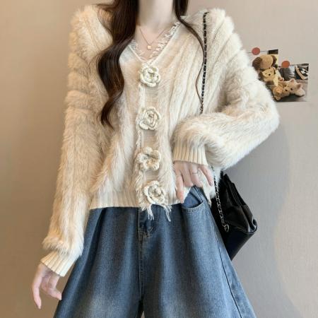 FA49806# 新版韩风设计感防水貂绒V领针织开衫外套 服裝批發女裝批發服飾貨源