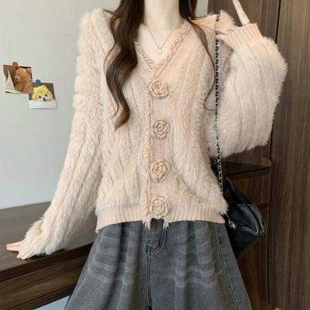 FA49806# 新版韩风设计感防水貂绒V领针织开衫外套 服裝批發女裝批發服飾貨源