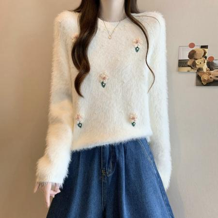 FA49807# 新版韩风设计感水貂绒立体针织衫短款毛衣 服裝批發女裝批發服飾貨源
