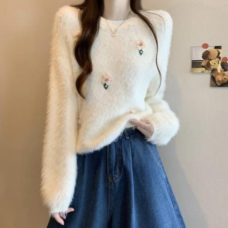 FA49807# 新版韩风设计感水貂绒立体针织衫短款毛衣 服裝批發女裝批發服飾貨源