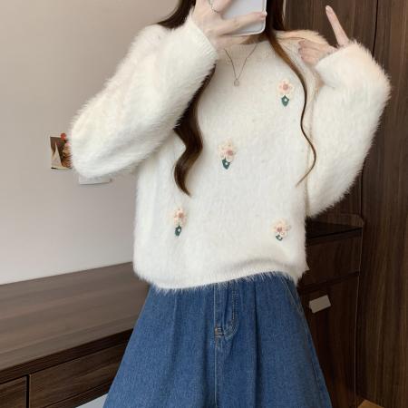 FA49807# 新版韩风设计感水貂绒立体针织衫短款毛衣 服裝批發女裝批發服飾貨源