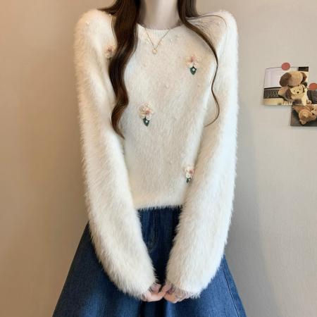 FA49807# 新版韩风设计感水貂绒立体针织衫短款毛衣 服裝批發女裝批發服飾貨源