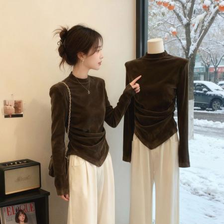 FA49808# 羊绒斜领长袖t恤女秋季修身设计感小众内搭打底衫上衣 服裝批發女裝批發服飾貨源