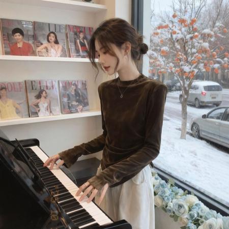 FA49808# 羊绒斜领长袖t恤女秋季修身设计感小众内搭打底衫上衣 服裝批發女裝批發服飾貨源