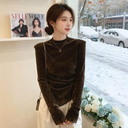 FA49808# 羊绒斜领长袖t恤女秋季修身设计感小众内搭打底衫上衣 服裝批發女裝批發服飾貨源