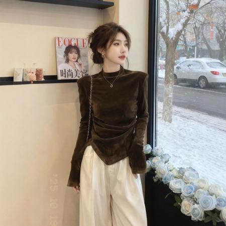 FA49808# 羊绒斜领长袖t恤女秋季修身设计感小众内搭打底衫上衣 服裝批發女裝批發服飾貨源