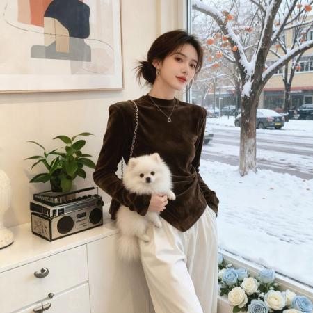 FA49808# 羊绒斜领长袖t恤女秋季修身设计感小众内搭打底衫上衣 服裝批發女裝批發服飾貨源