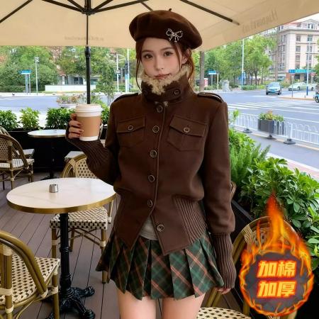 FA49809# 高级感复古气质咖色毛领短外套女老钱风保暖掐腰夹克加棉毛呢外套 服裝批發女裝批發服飾貨源