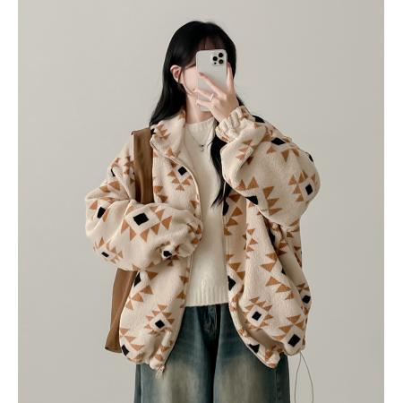 FA49813# 新韩国chic冬季菱格纹粒绒立领双向拉链外套 服裝批發女裝批發服飾貨源