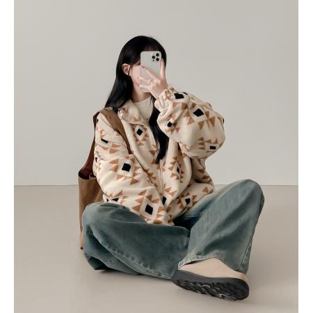 FA49813# 新韩国chic冬季菱格纹粒绒立领双向拉链外套 服裝批發女裝批發服飾貨源