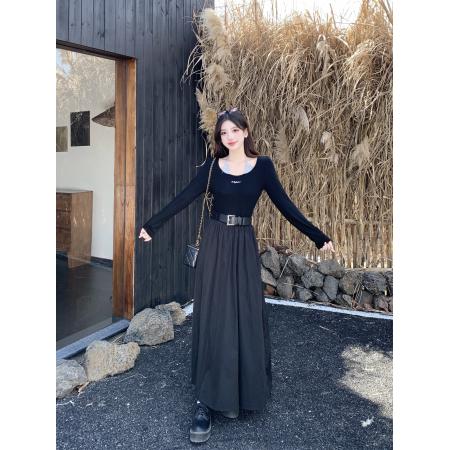 FA49814# 仲夏夜之梦大码胖妹妹法式赫本风假两件针织拼接打底连衣裙 服裝批發女裝批發服飾貨源