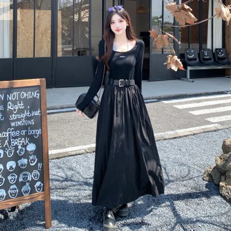 FA49814# 仲夏夜之梦大码胖妹妹法式赫本风假两件针织拼接打底连衣裙 服裝批發女裝批發服飾貨源