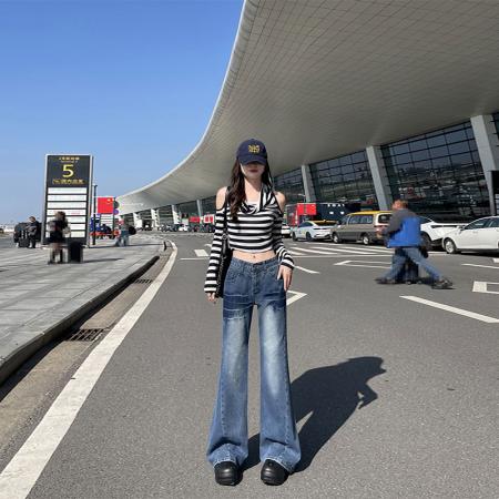 FA49816# -春秋美式辣妹微喇牛仔裤女显瘦垂感百搭蓝色拖地喇叭裤 服裝批發女裝批發服飾貨源