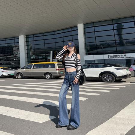 FA49816# -春秋美式辣妹微喇牛仔裤女显瘦垂感百搭蓝色拖地喇叭裤 服裝批發女裝批發服飾貨源