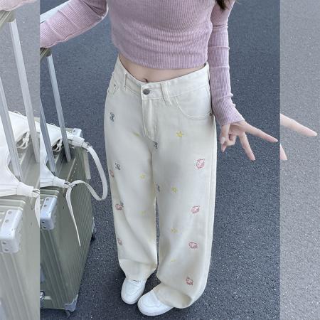 FA49817# -春秋可爱刺绣kitty猫新款牛仔裤女大码高腰宽松直筒阔腿裤子 服裝批發女裝批發服飾貨源