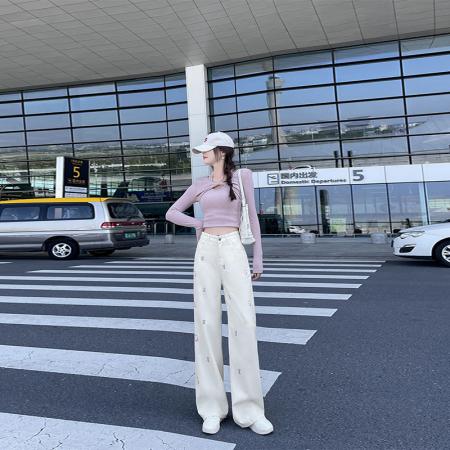 FA49817# -春秋可爱刺绣kitty猫新款牛仔裤女大码高腰宽松直筒阔腿裤子 服裝批發女裝批發服飾貨源